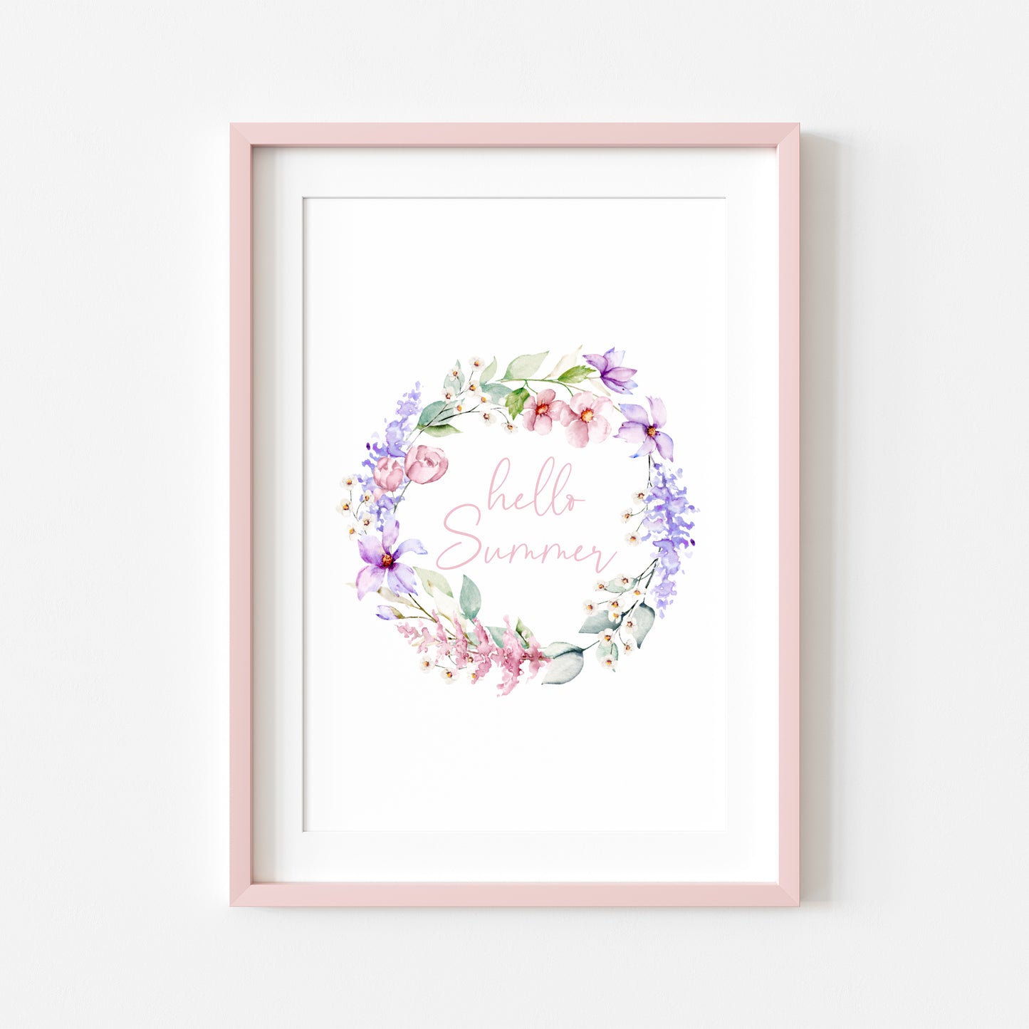 Hello summer pink and purple watercolour wreath home unframed wall art poster print