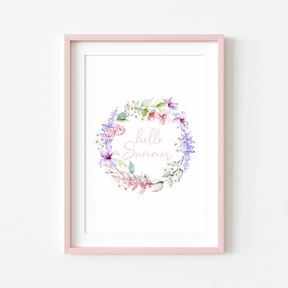 Hello summer pink and purple watercolour wreath home unframed wall art poster print