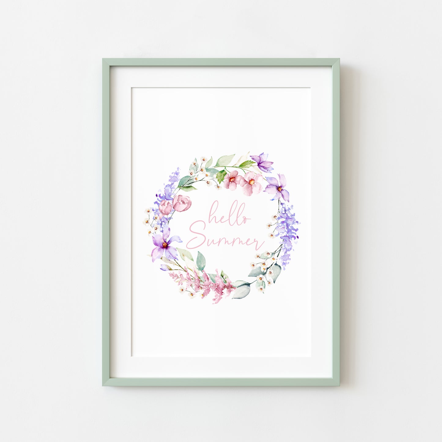 Hello summer pink and purple watercolour wreath home unframed wall art poster print