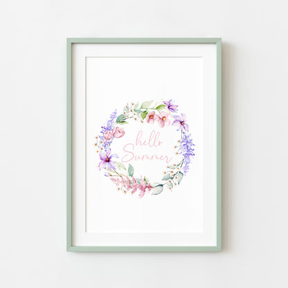 Hello summer pink and purple watercolour wreath home unframed wall art poster print