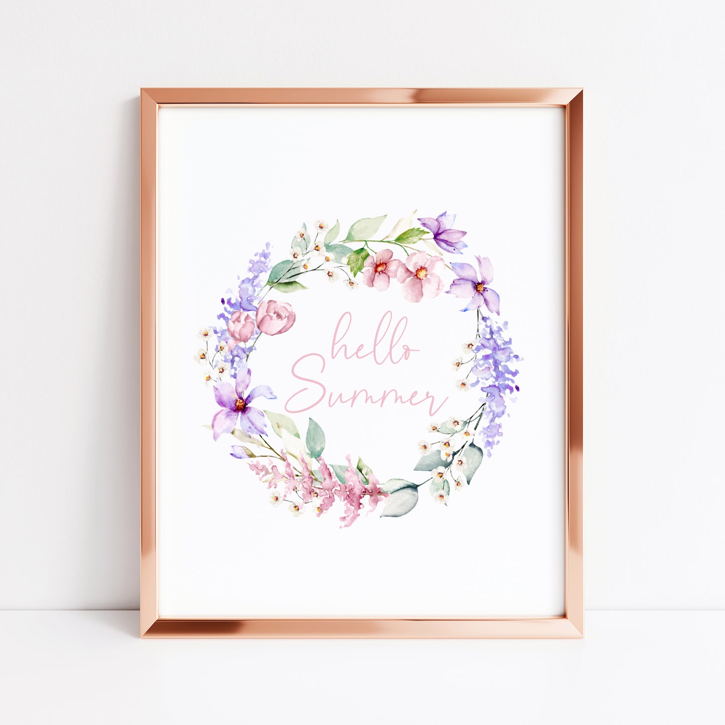 Hello summer pink and purple watercolour wreath home unframed wall art poster print