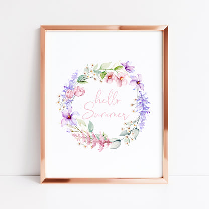 Hello summer pink and purple watercolour wreath home unframed wall art poster print