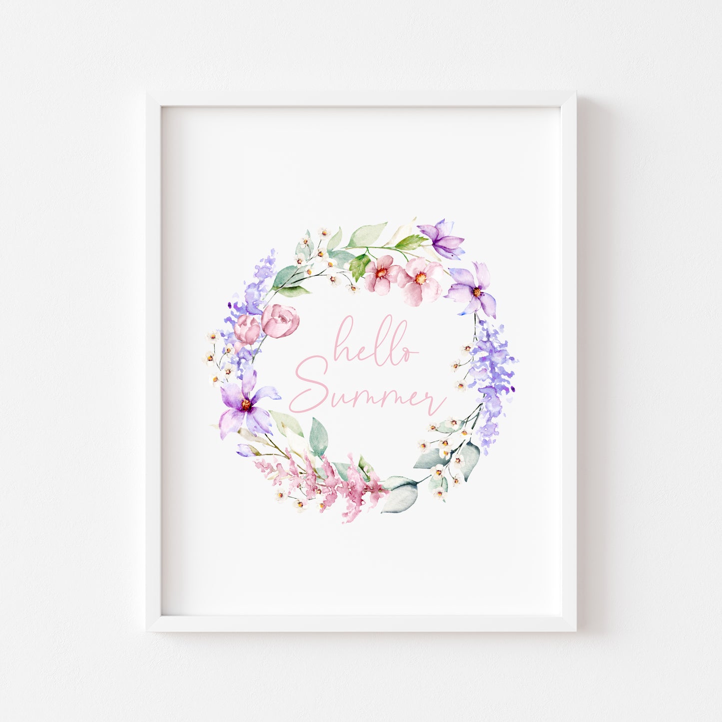 Hello summer pink and purple watercolour wreath home unframed wall art poster print