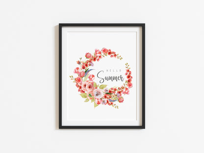 Hello summer red floral watercolour wreath typography home unframed wall art poster print