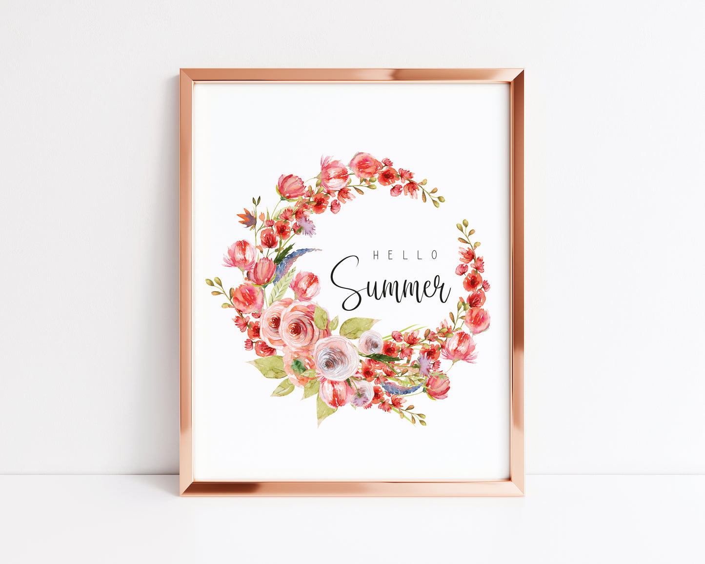 Hello summer red floral watercolour wreath typography home unframed wall art poster print