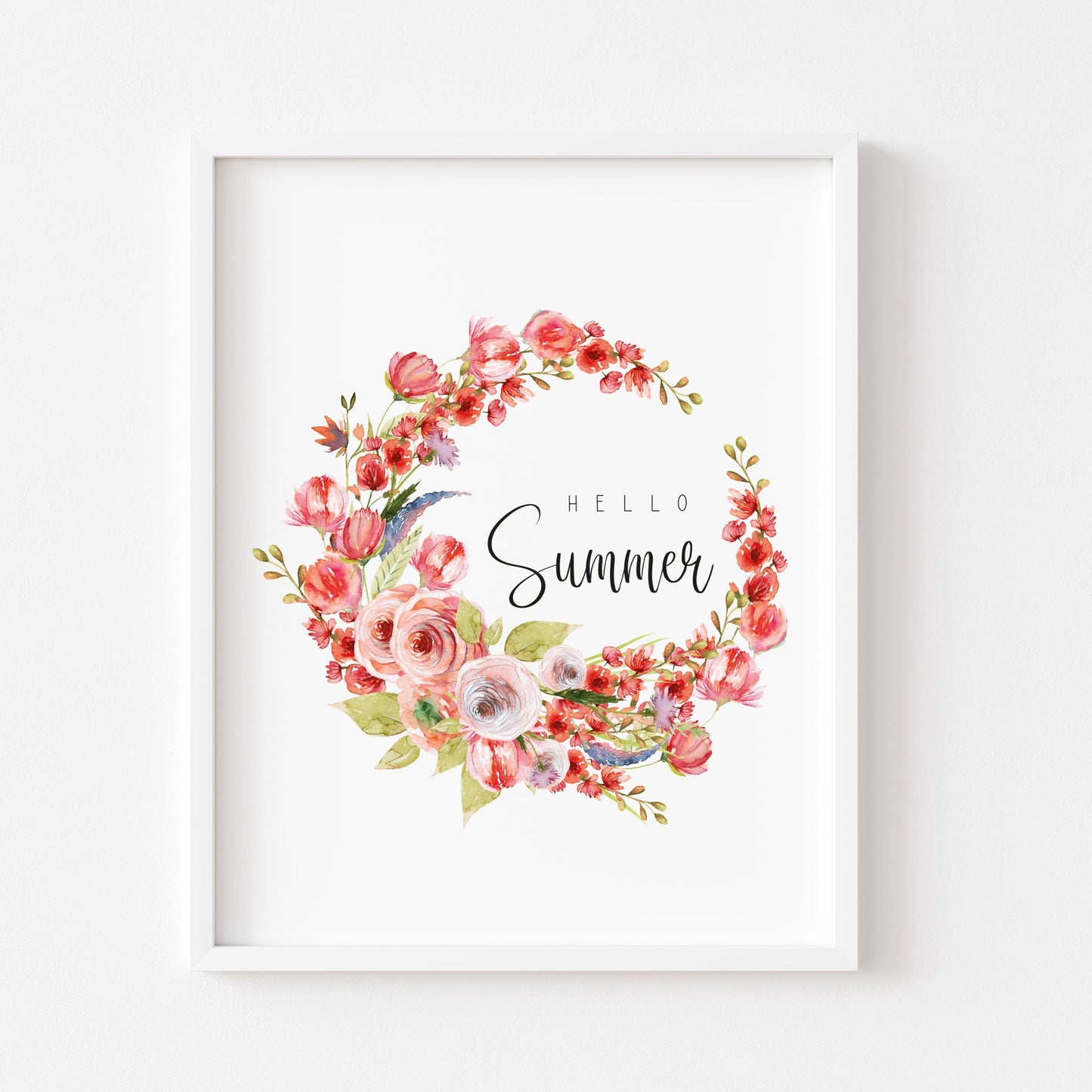 Hello summer red floral watercolour wreath typography home unframed wall art poster print