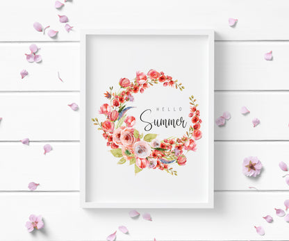 Hello summer red floral watercolour wreath typography home unframed wall art poster print