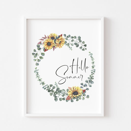 Hello Summer watercolour sunflower, greenery wreath typography unframed print