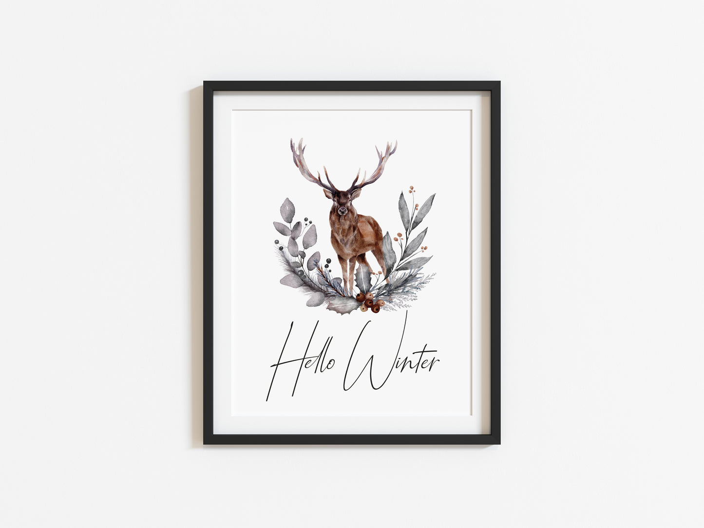 Hello winter Stag floral pine cone wreath bouquet seasonal unframed wall art poster print