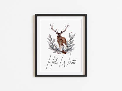 Hello winter Stag floral pine cone wreath bouquet seasonal unframed wall art poster print
