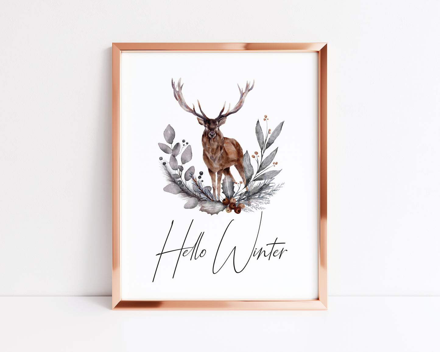 Hello winter Stag floral pine cone wreath bouquet seasonal unframed wall art poster print