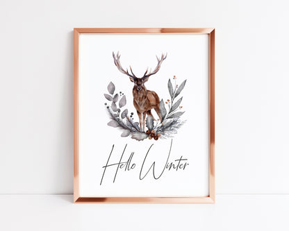 Hello winter Stag floral pine cone wreath bouquet seasonal unframed wall art poster print