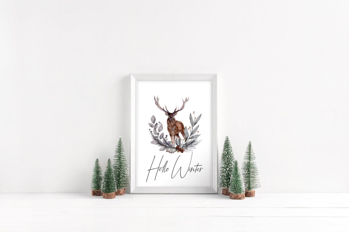 Hello winter Stag floral pine cone wreath bouquet seasonal unframed wall art poster print