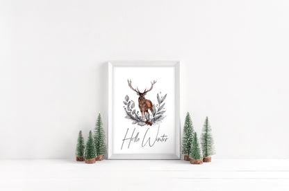 Hello winter Stag floral pine cone wreath bouquet seasonal unframed wall art poster print
