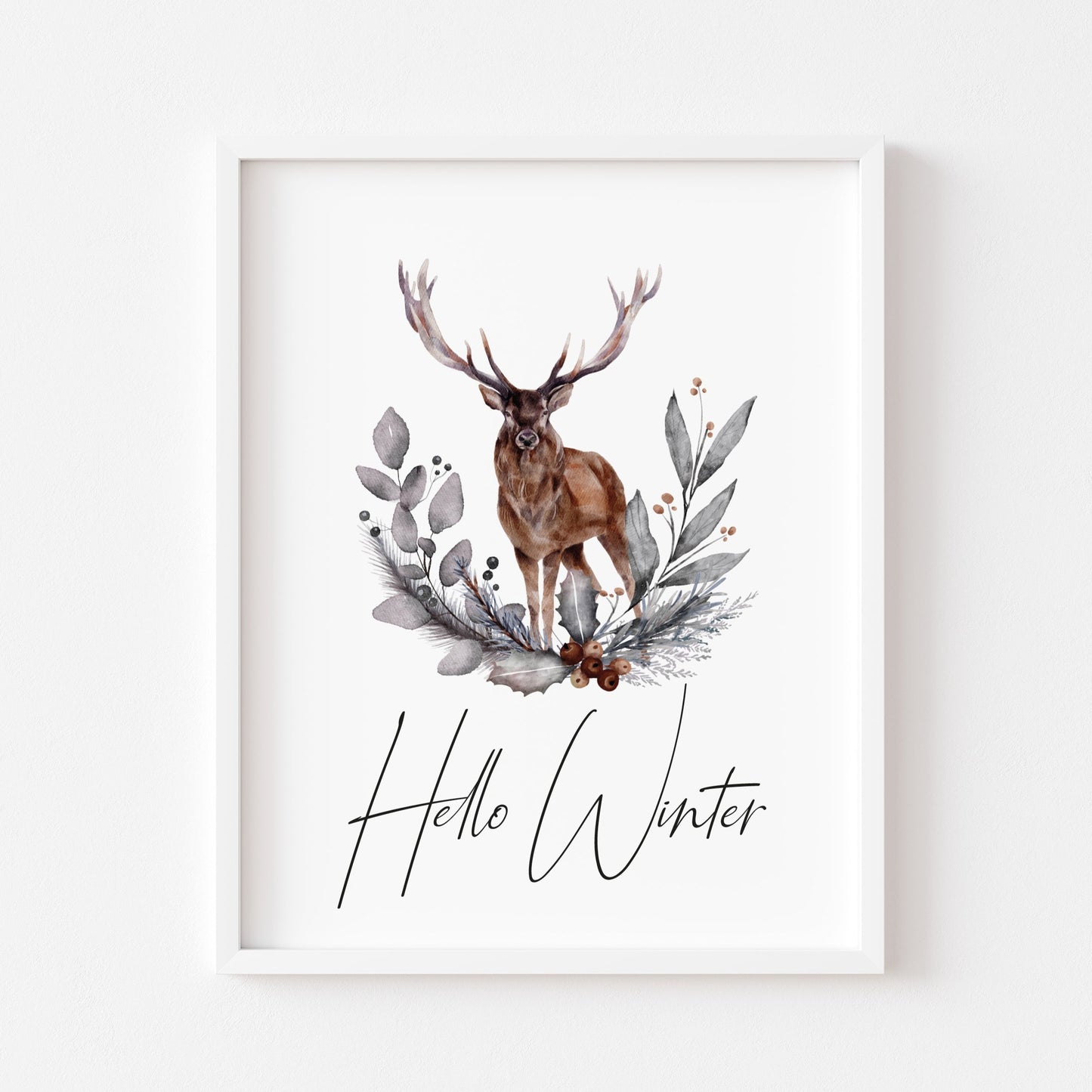 Hello winter Stag floral pine cone wreath bouquet seasonal unframed wall art poster print