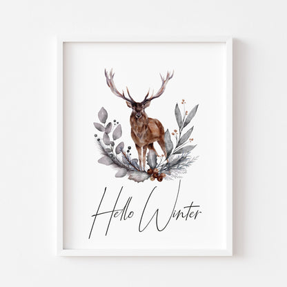 Hello winter Stag floral pine cone wreath bouquet seasonal unframed wall art poster print