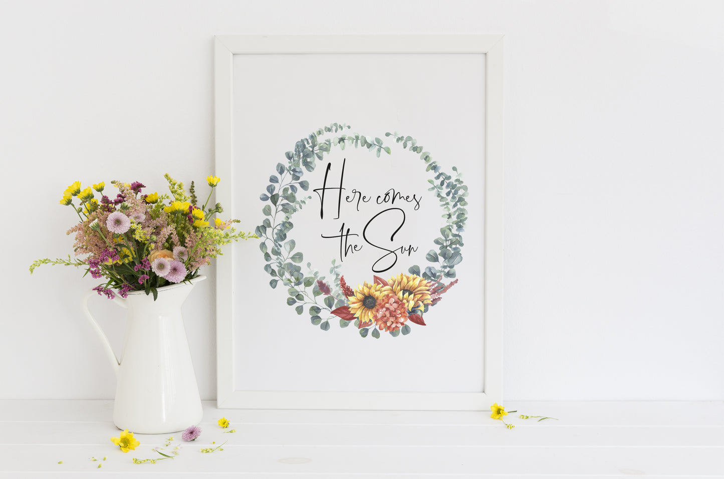 Here comes the sun watercolour sunflower, greenery wreath typography unframed print