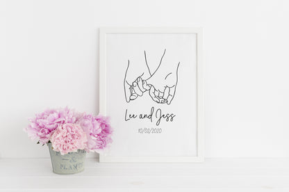 Hand line drawing couples names and dates unframed wall art poster print