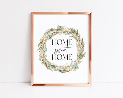 Home sweet home pampas and eucalyptus wreath unframed wall art poster print