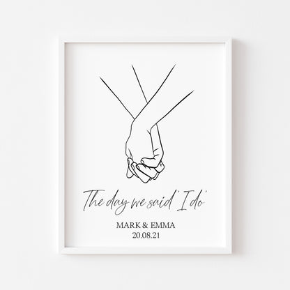 Holding Hands Personalised Print, engagement, couples gift with names & date unframed wall art poster print