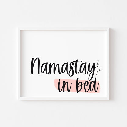 Namastay in bed, zzz pink watercolour landscape or portrait bedroom unframed wall art poster print