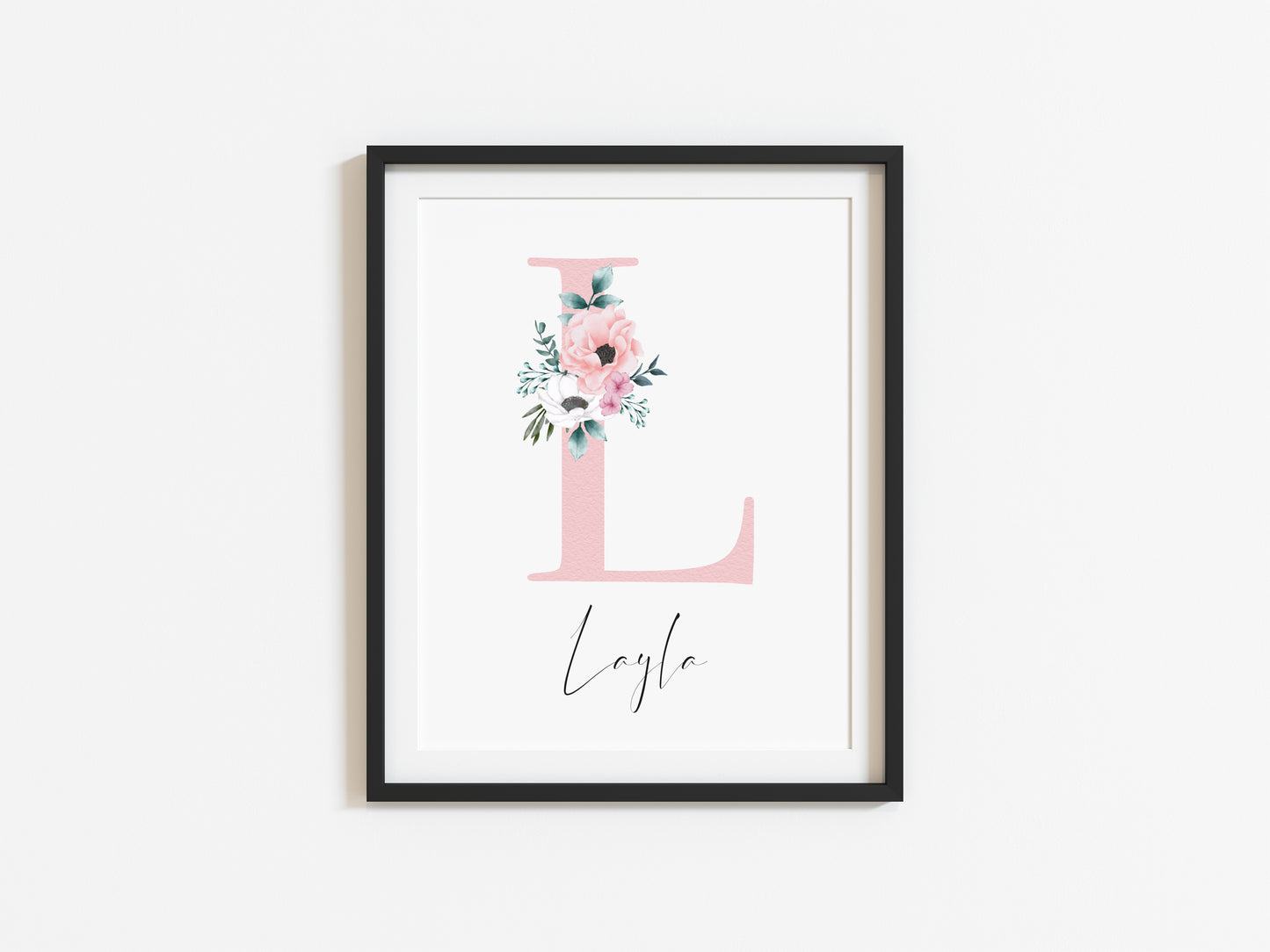 Personalised initial name print, pink watercolour floral initial illustration nursery unframed print