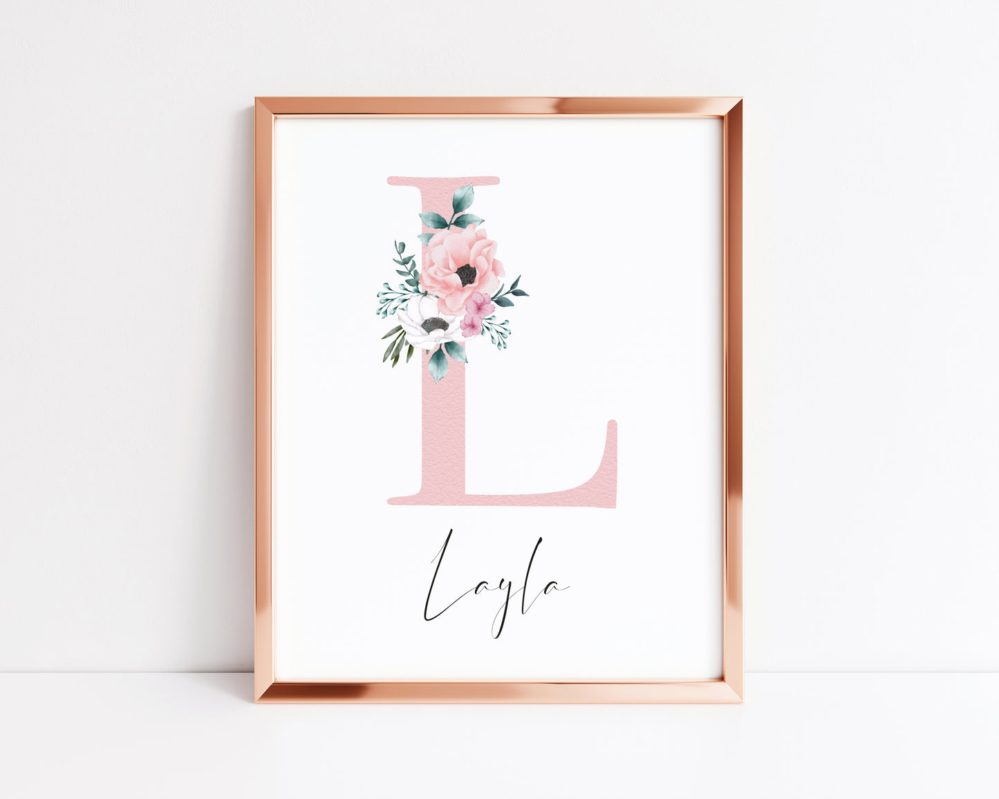 Personalised initial name print, pink watercolour floral initial illustration nursery unframed print