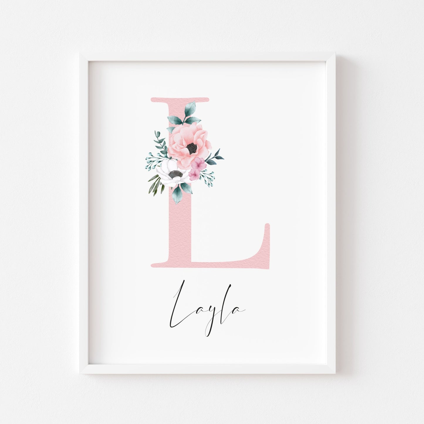 Personalised initial name print, pink watercolour floral initial illustration nursery unframed print