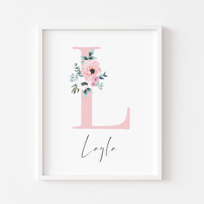 Personalised initial name print, pink watercolour floral initial illustration nursery unframed print