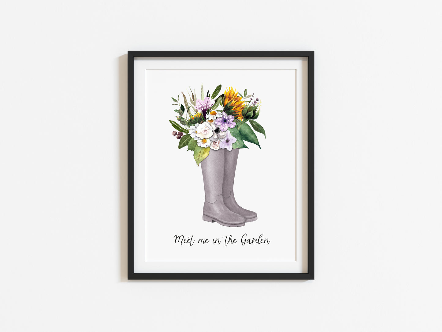 Meet me in the garden watercolour floral sunflower boots illustration unframed wall art poster print