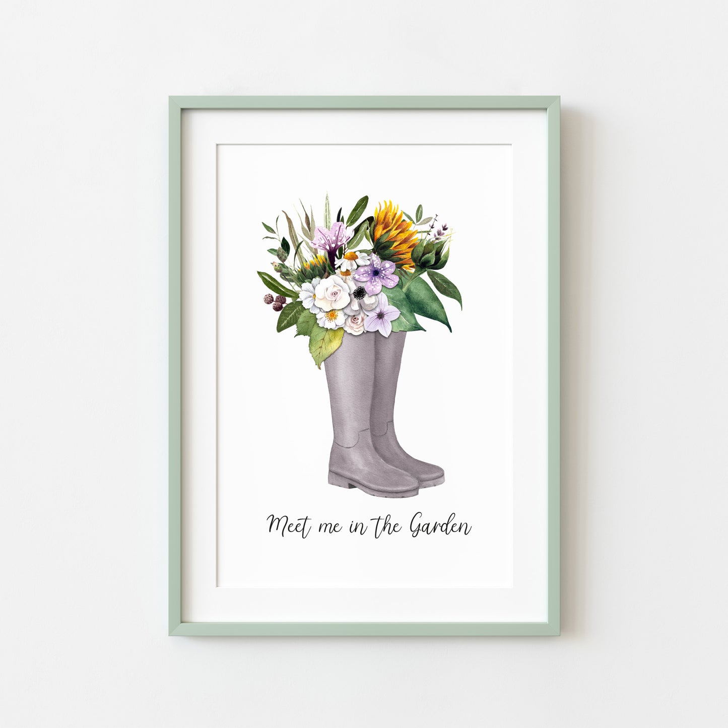 Meet me in the garden watercolour floral sunflower boots illustration unframed wall art poster print