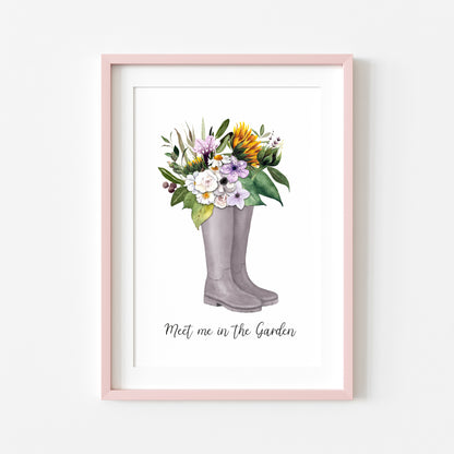 Meet me in the garden watercolour floral sunflower boots illustration unframed wall art poster print