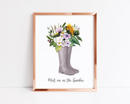 Meet me in the garden watercolour floral sunflower boots illustration unframed wall art poster print