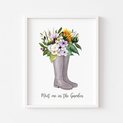 Meet me in the garden watercolour floral sunflower boots illustration unframed wall art poster print