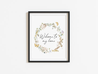 Welcome to MY home boho butterfly floral wreath unframed wall art poster print