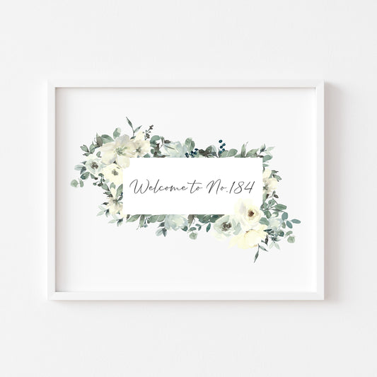 Personalised green+yellow floral Welcome to no. (insert number) watercolour unframed print