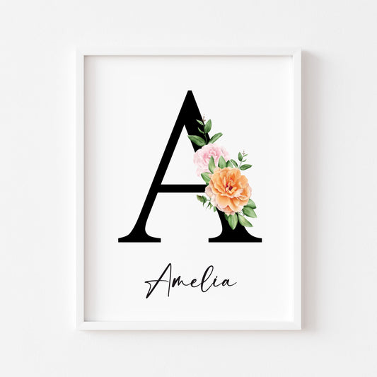 Personalised initial name print, black orange and pink watercolour floral initial illustration nursery unframed print