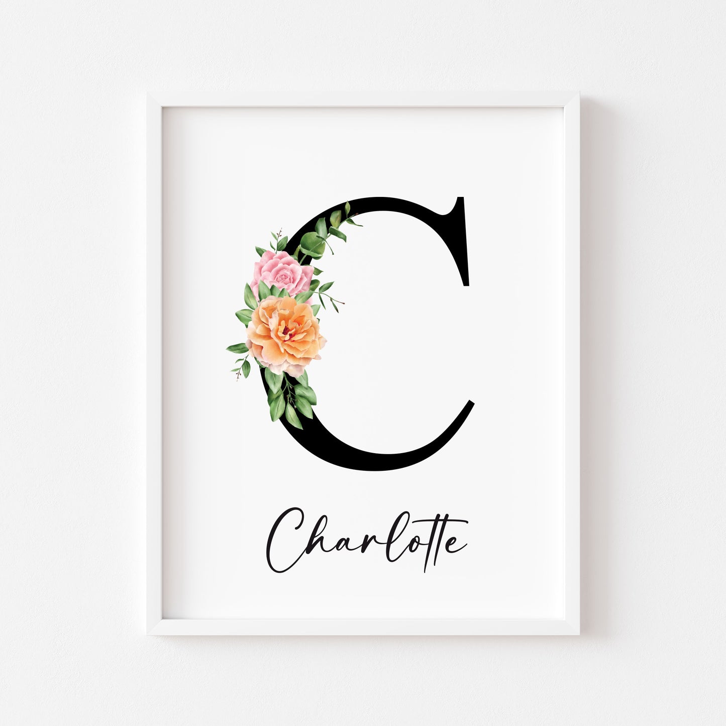 Personalised initial name print, black orange and pink watercolour floral initial illustration nursery unframed print