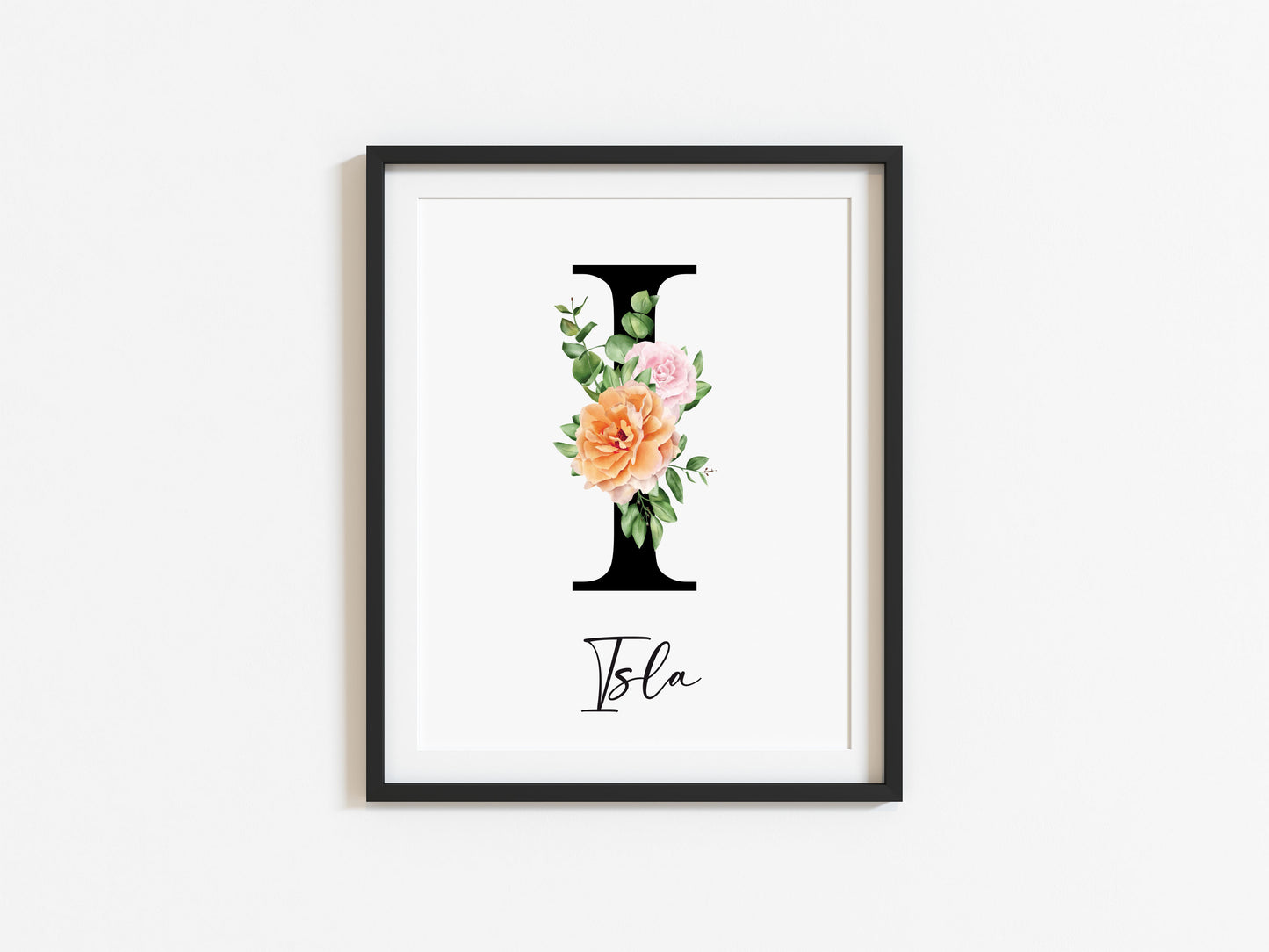 Personalised initial name print, black orange and pink watercolour floral initial illustration nursery unframed print