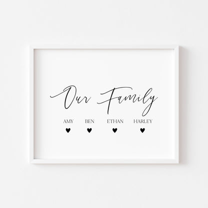 Our family personalised with names and hearts family home unframed wall art poster print