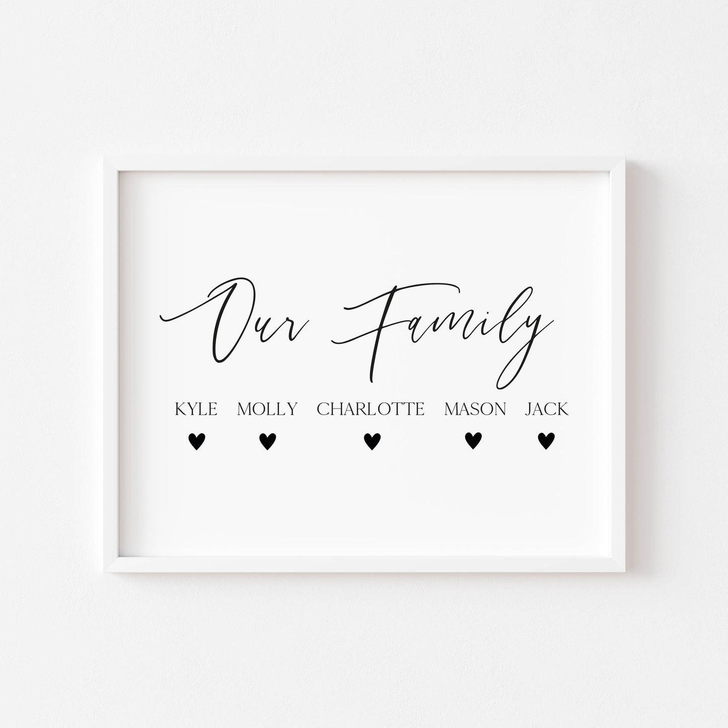 Our family personalised with names and hearts family home unframed wall art poster print