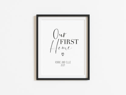 Our FIRST/NEW home, personalised with names and or dates bedroom, couples wall art unframed poster print