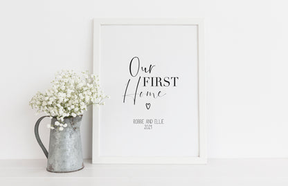 Our FIRST/NEW home, personalised with names and or dates bedroom, couples wall art unframed poster print