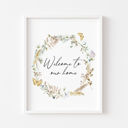 Welcome to OUR home boho butterfly floral wreath unframed wall art poster print