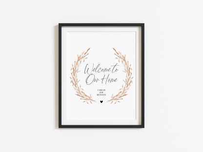 Welcome to our home personalised with your family names pampas wreath unframed wall art poster print