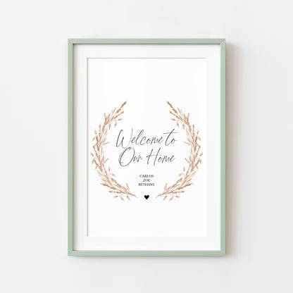 Welcome to our home personalised with your family names pampas wreath unframed wall art poster print