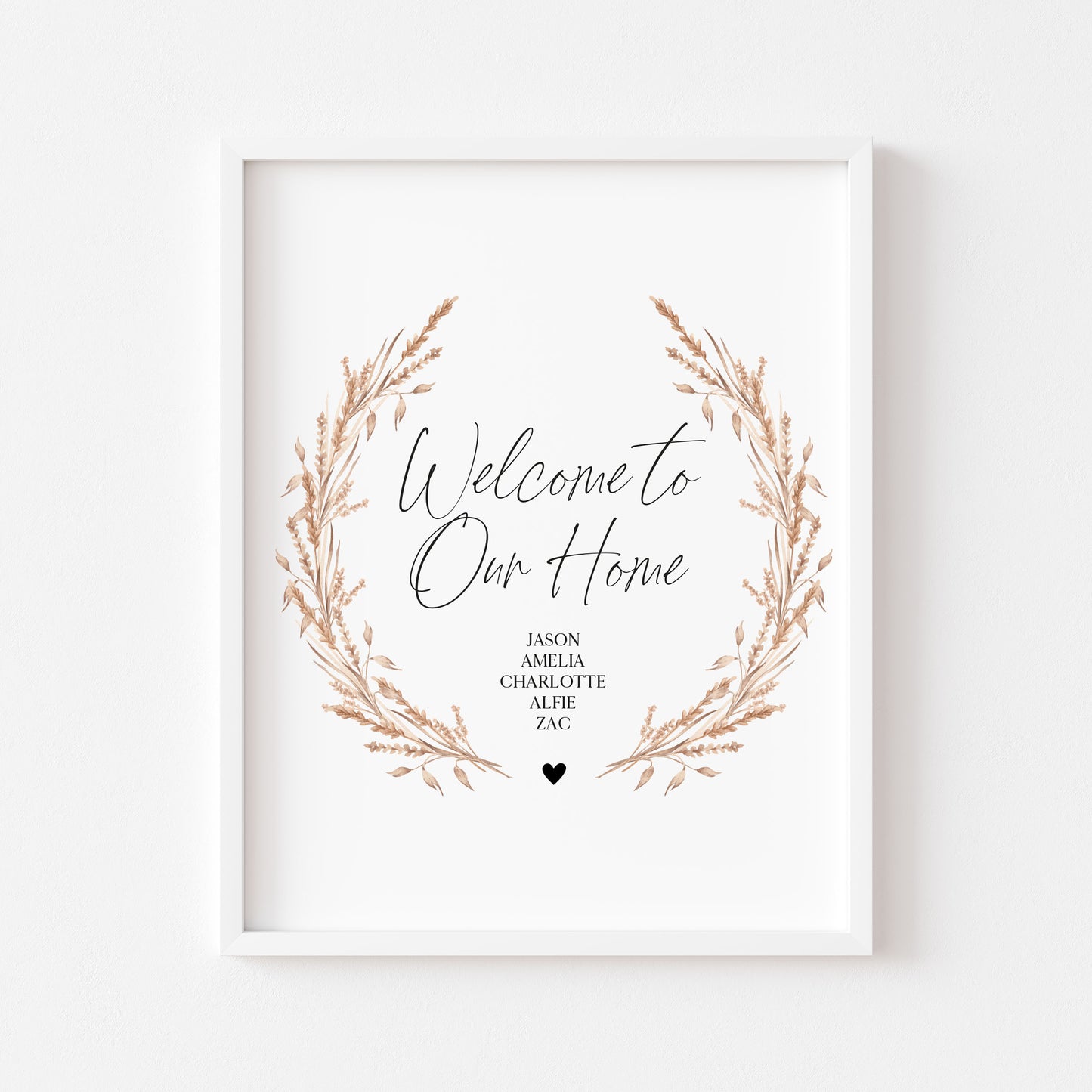 Welcome to our home personalised with your family names pampas wreath unframed wall art poster print