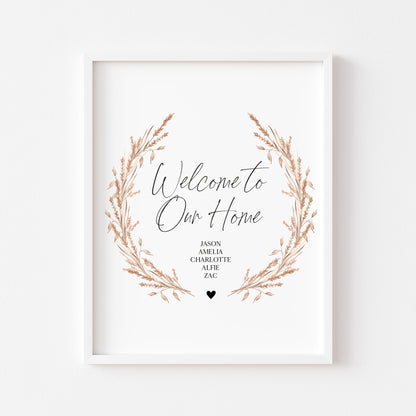 Welcome to our home personalised with your family names pampas wreath unframed wall art poster print