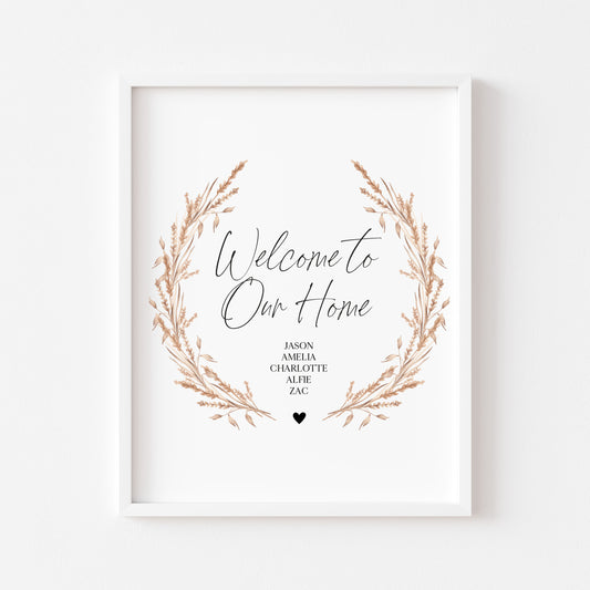 Welcome to our home personalised with your family names pampas wreath unframed wall art poster print