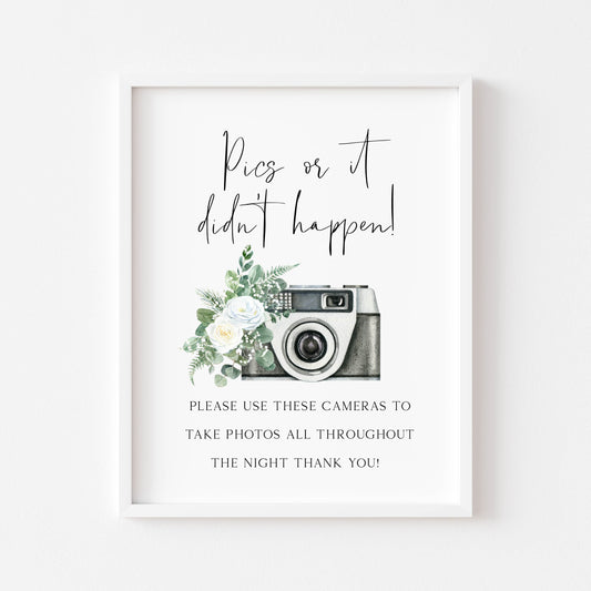 Pics or it didn't happen wedding sign watercolour white rose & eucalyptus photography camera unframed wall art poster print